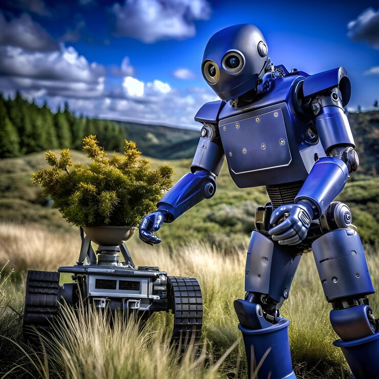 Foto un amigable robot azul planta suavemente un pequeño árbol que destaca el papel de la tecnología en la conservación y sostenibilidad del medio ambiente