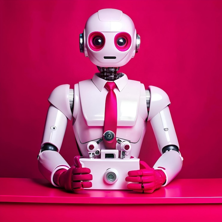 Foto un amigable robot blanco con acentos rosados y una corbata rosada se sienta en un escritorio con una cámara lista para capturar su mundo digital