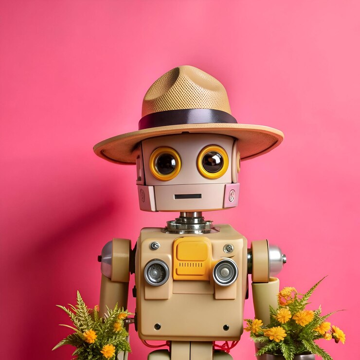 Foto un amigable robot guardaparques con un sombrero de guardaparques listo para proteger y cuidar el medio ambiente