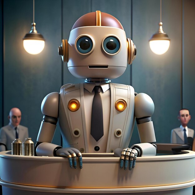 Un amigable robot humanoide con un traje está en un podio listo para ayudar en la planificación de eventos