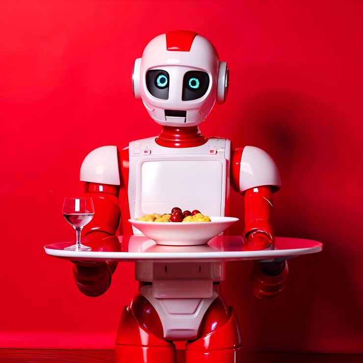 Foto un amigable robot rojo y blanco sirve un plato delicioso en una bandeja que muestra el futuro de la hospitalidad