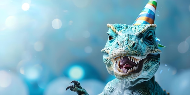 Foto amigable trex en sombrero de fiesta celebrando en una fiesta festiva de año nuevo concepto festivo sombrero de fiesta de dinosaurio celebración única