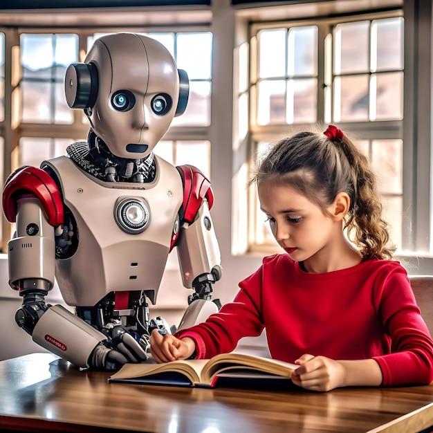 Un amigable tutor robot ayuda a una niña a aprender con un libro