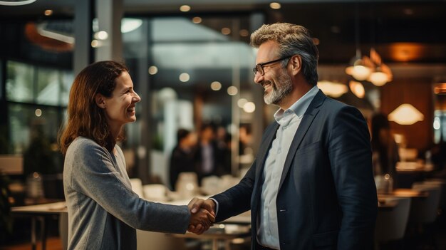 Foto amigables hombres de negocios sonrientes estrechando la mano después de una agradable charla