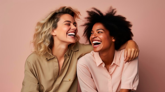 Foto amigas alegres abraçando-se isoladas no bege