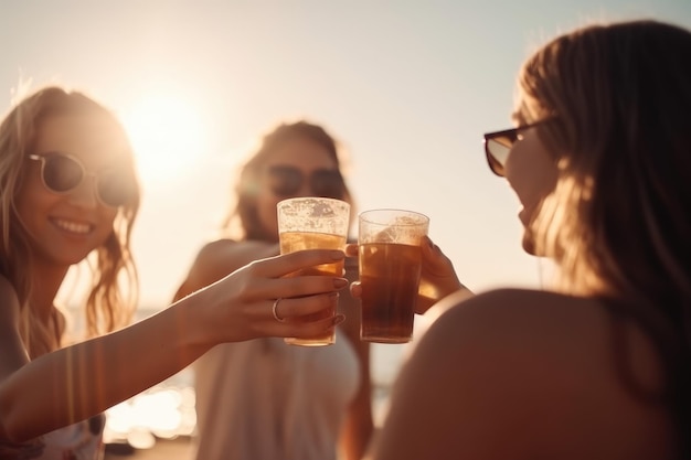 Amigas animando con cerveza en el festival de música fiesta en la playa de verano