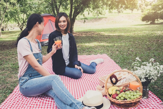 Foto amigas brindando bebidas mientras están sentadas durante un picnic en el parque