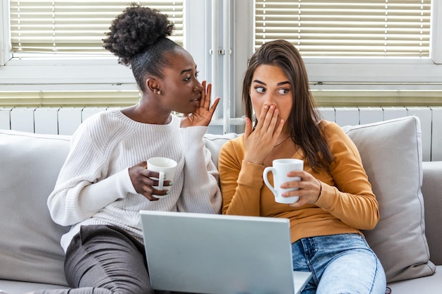 Amigas diversas compartilhando segredos duas mulheres fofocando em casa garota emocional excitada sussurrando para o ouvido de sua amiga enquanto estava sentada na sala de estar