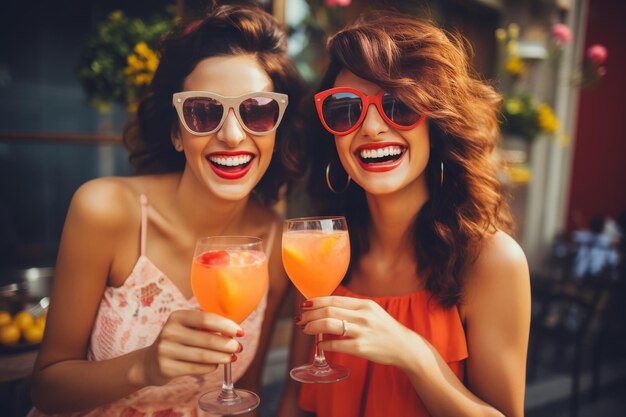 Foto amigas felizes a encontrar-se ao ar livre a divertir-se num café. mulheres do milénio a socializar.