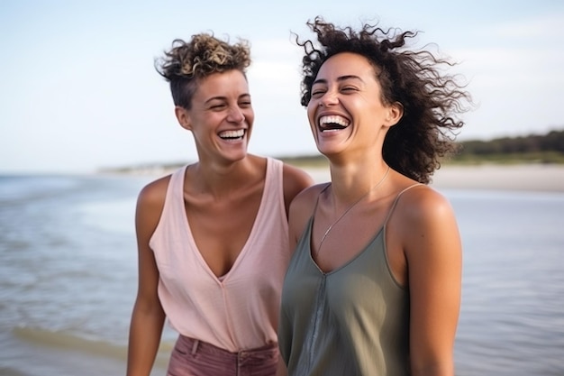 Amigas felizes de pé na praia.