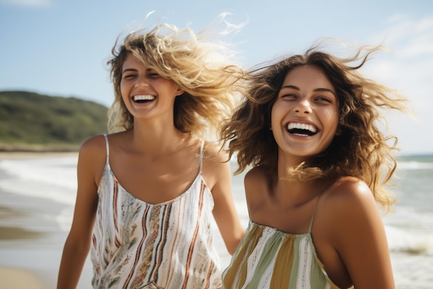 Amigas felizes de pé na praia.