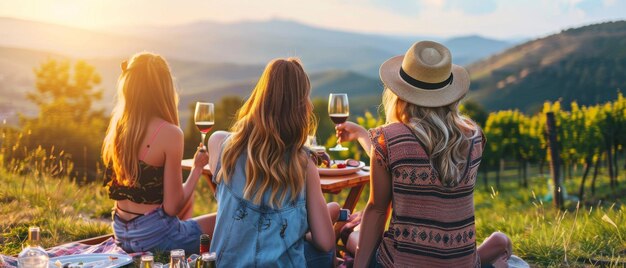 Foto amigas jóvenes disfrutando de un picnic de verano mientras beben vino y observan la puesta de sol y el paisaje de las colinas desde atrás