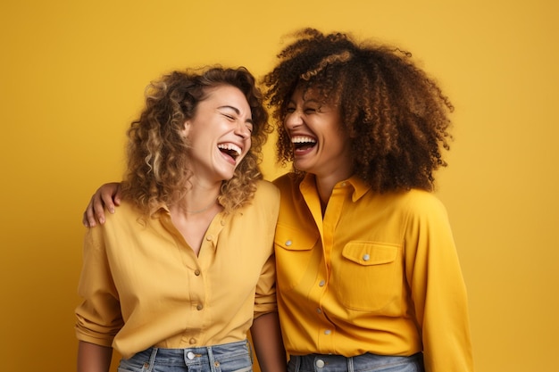 Amigas jóvenes enérgicas divirtiéndose entre sí en vestido amarillo en un fondo casual