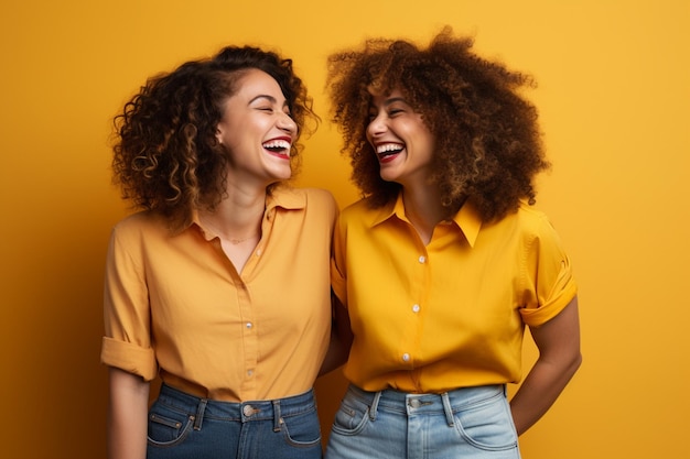 Amigas jóvenes enérgicas divirtiéndose entre sí en vestido amarillo en un fondo casual