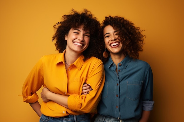 Foto amigas jovens e enérgicas a divertirem-se umas com as outras de vestido amarelo em fundo casual.