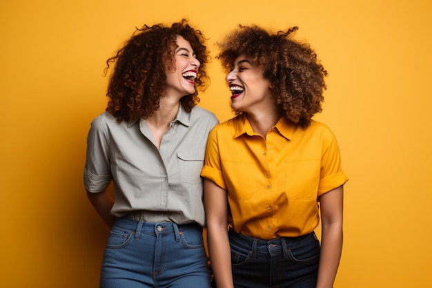 Amigas jovens e enérgicas a divertirem-se umas com as outras de vestido amarelo em fundo casual.