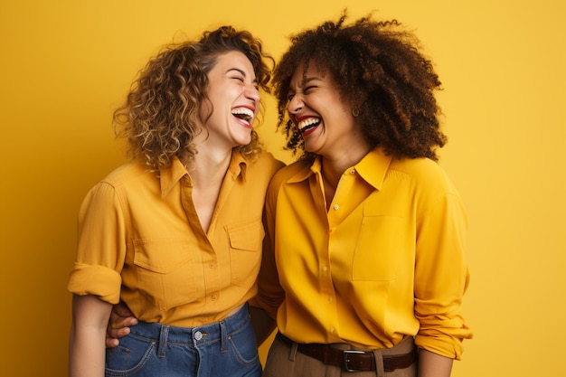 Amigas jovens e enérgicas a divertirem-se umas com as outras de vestido amarelo em fundo casual.