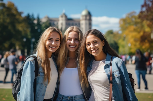 amigas jovens estudantes universitários aproveitando o dia ensolarado no campus da universidade