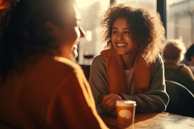 Foto amigas lésbicas a ter uma conversa alegre.