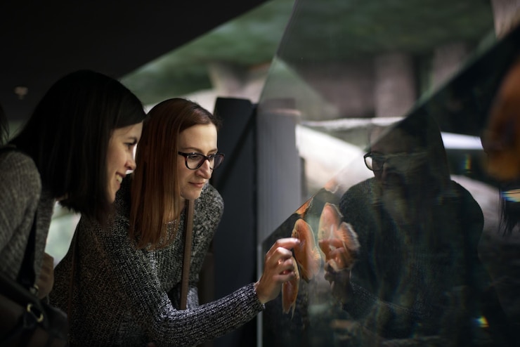Foto amigas mirando a los peces nadando en el acuario