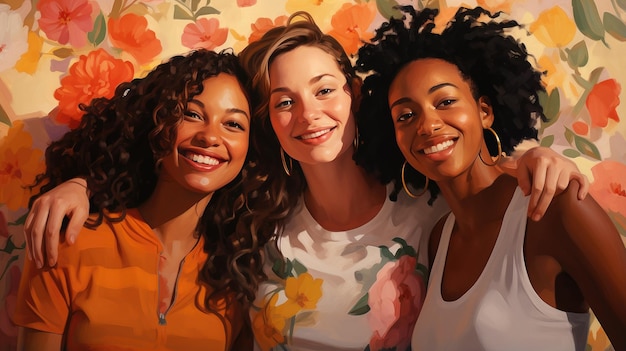 Amigas multiculturales sonriendo felizmente