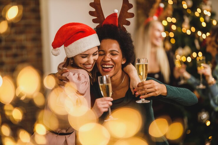 Foto amigas multiétnicas se reuniram em casa para comemorar o natal ou ano novo. fazendo um brinde com champanhe.