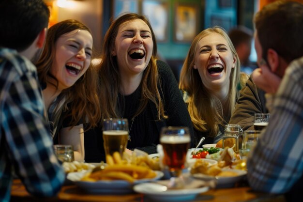 Foto amigas riendo mientras disfrutan de comida y bebidas con amigas