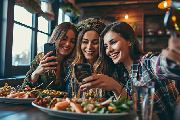 Foto amigas tomando selfies mientras comen un plato de mariscos con salmón