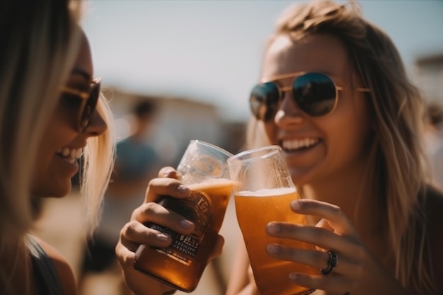 Amigas torcendo com cerveja na festa de verão na praia do festival de música