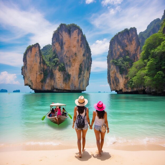 Amigas turistas viajan alrededor de Krabi viaje marítimo