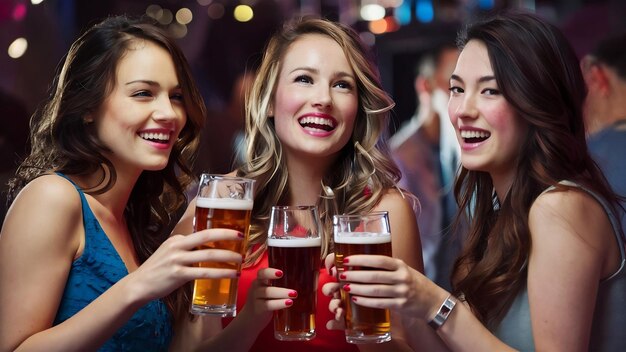 Amigas con un vaso de cerveza en una fiesta