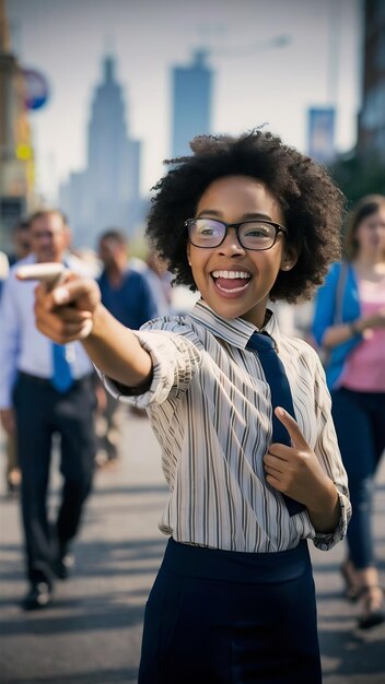 Amigável e educada, bonita, afro-americana, de óculos, com cabelo encaracolado, num escritório listrado.