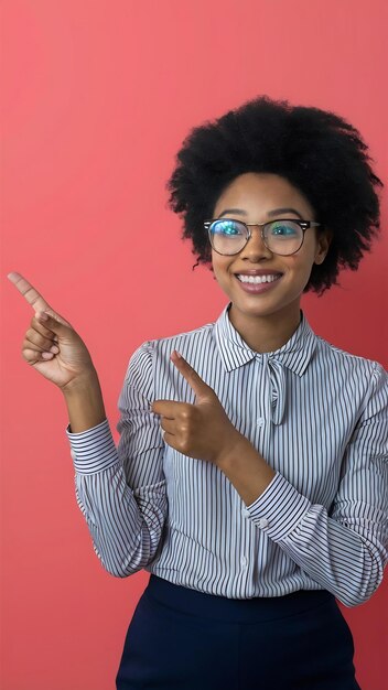 Amigável e educada, bonita, afro-americana, de óculos, com cabelo encaracolado, num escritório listrado.