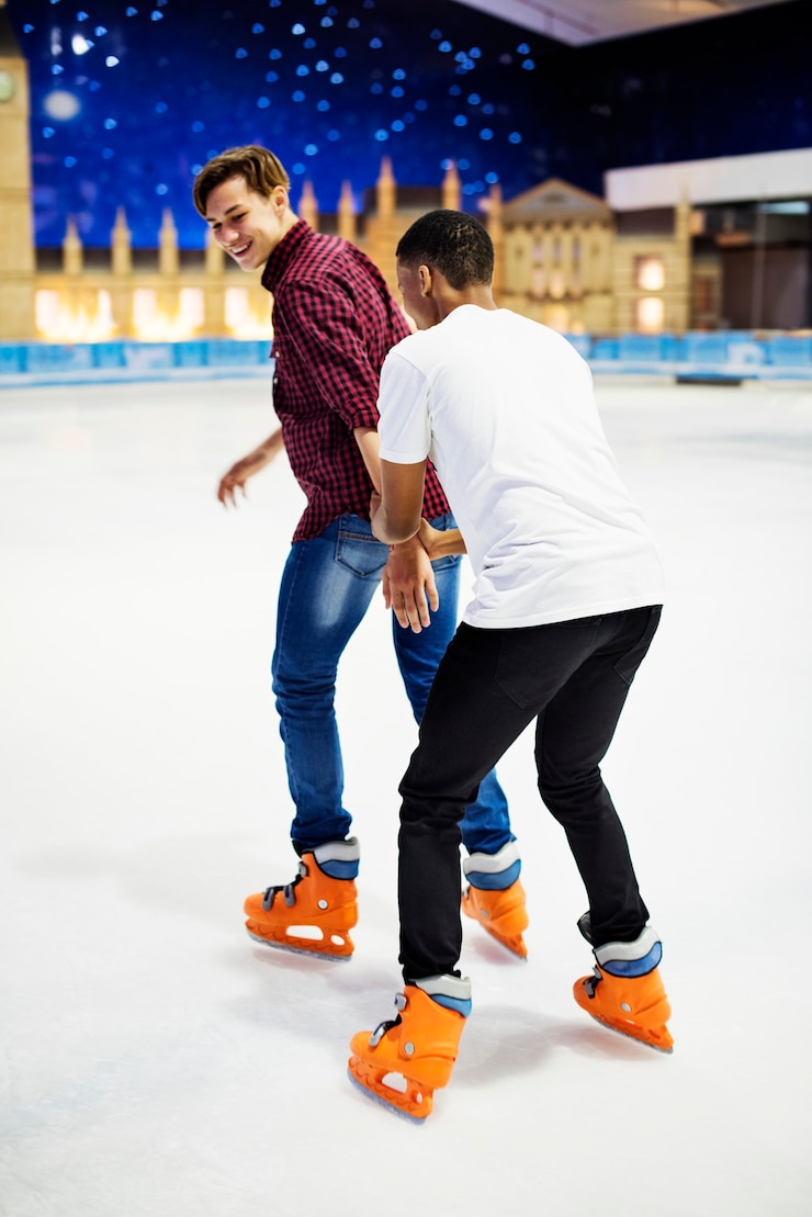 Foto amigo enseñando a un amigo a patinar sobre hielo amistad y concepto de ocio