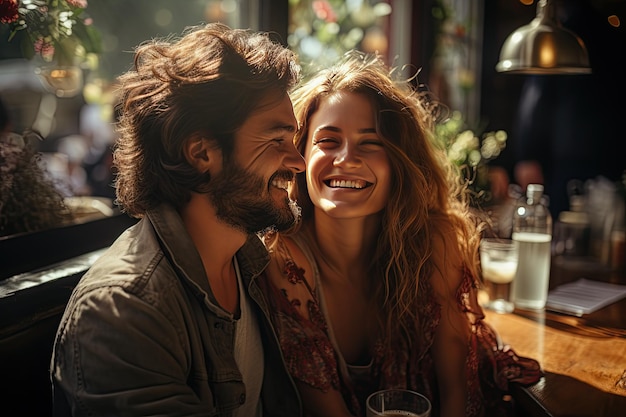 Amigo feliz abrazando a su bella novia mientras bebe café helado en un café Generado con IA