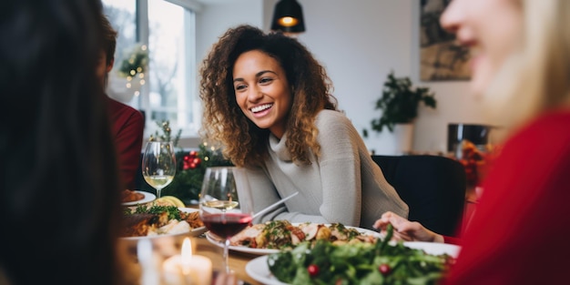 Foto amigo feliz e diversificado num jantar de natal numa casa moderna