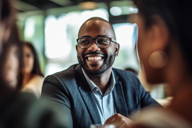 Amigo hombre feliz café afroamericano urbano juntos hablando grupo amistad AI generativa