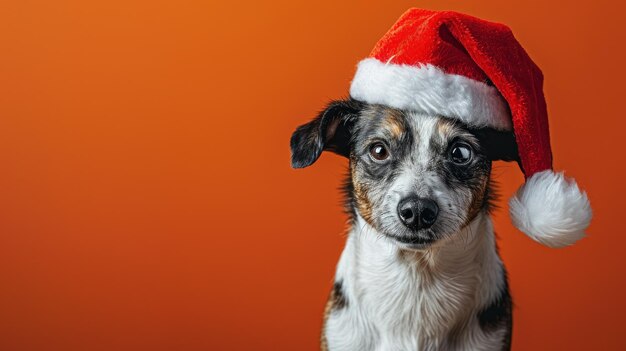 Un amigo peludo festivo Un cachorro juguetón posando con un sombrero de Papá Noel contra un telón de fondo naranja vibrante