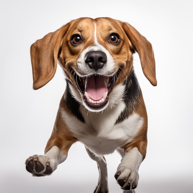 Amigo Retrato de gracioso activo mascota lindo perro Beagle posando aislado sobre fondo blanco studio