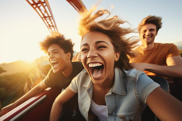 Foto amigos a andar de montanha-russa num parque de diversões pessoas a divertir-se num parque de divertimento