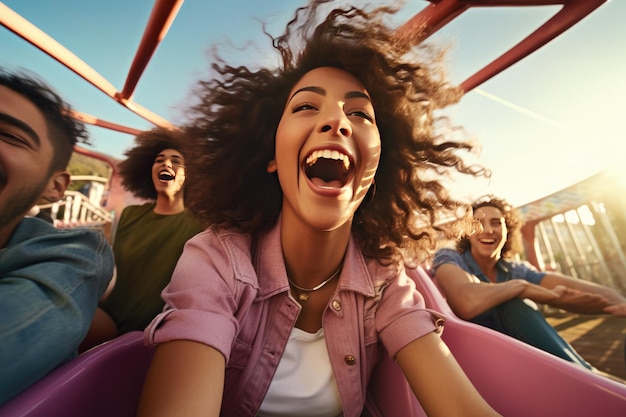 Foto amigos a andar de montanha-russa num parque de diversões pessoas a divertir-se num parque de divertimento