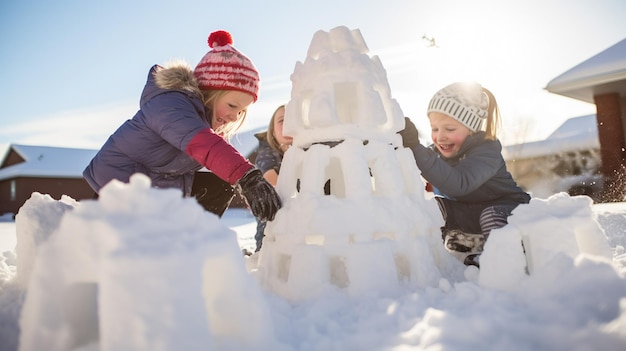 Amigos a construir um forte de neve juntos.