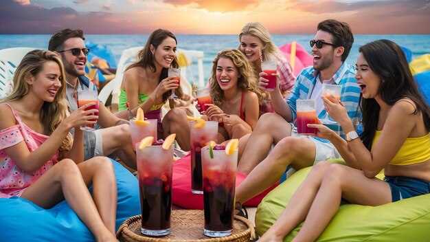 Foto amigos a dar uma festa de sangria na praia.