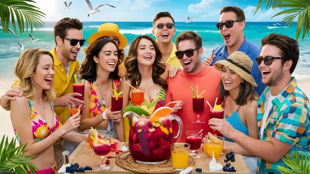 Foto amigos a dar uma festa de sangria na praia.