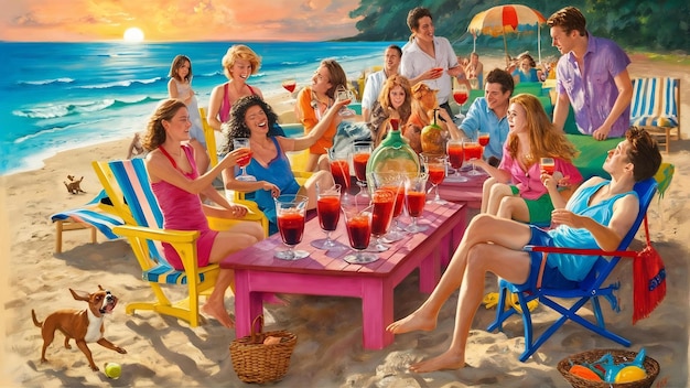 Foto amigos a dar uma festa de sangria na praia.