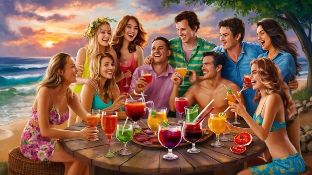 Foto amigos a dar uma festa de sangria na praia.