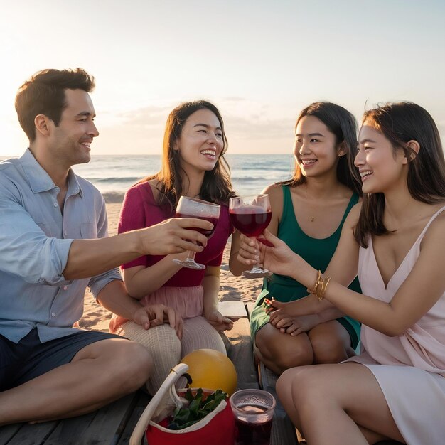 Foto amigos a dar uma festa de sangria na praia.