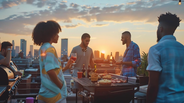 Amigos a desfrutar de uma festa de churrasco no telhado ao pôr-do-sol estão a cozinhar comida a beber vinho e a falar o sol está a pôr-se atrás de uma paisagem urbana