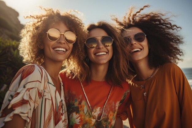 Foto amigos a desfrutar do verão ao ar livre com risos, sol e momentos despreocupados a criar lembranças felizes juntos.