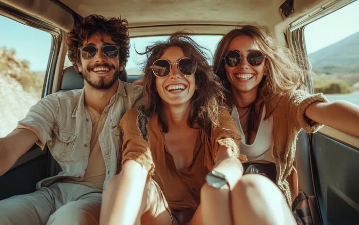 Foto amigos a divertir-se durante uma viagem espontânea